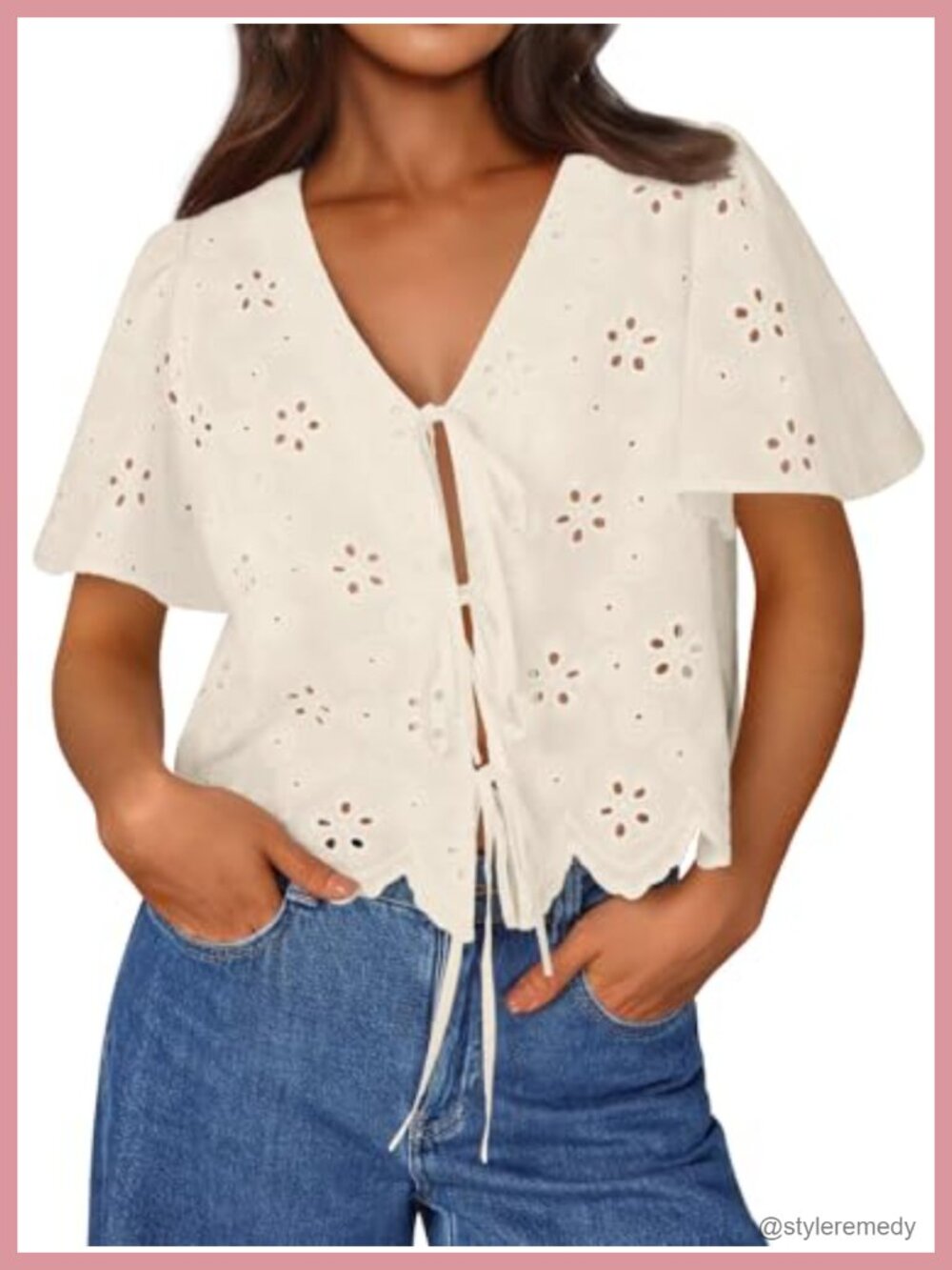 Womens 100% Cotton Tie Front Blouse Short Sleeve Eyelet Crop Top